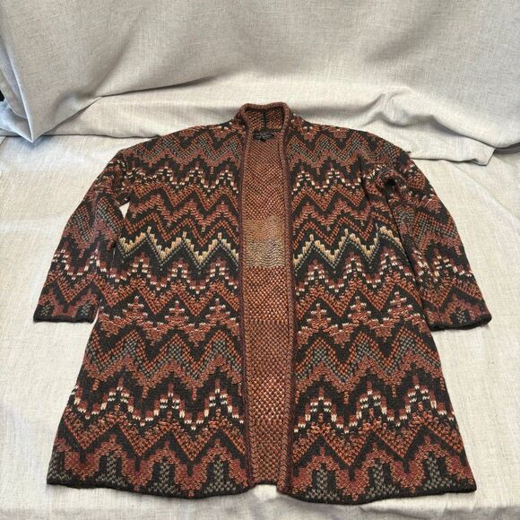 Lucky Brand Long Ikat‎ Cardigan Knit Sweater Black Maroon Wool Acrylic Medium - Picture 11 of 11